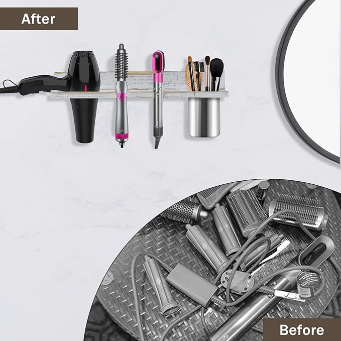 Hair Tool Organizer Wall Mounted, Sturdy Pine Wood Construction, Removable Stainless Steel Cup, Holds Hair Dryers, Straighteners, Curling Irons, Brushes, and More, White