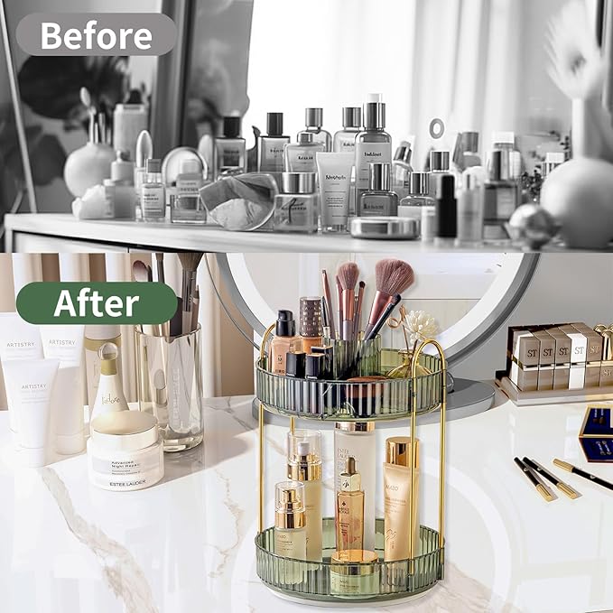 360 Rotating Makeup Organizer,2 Tier Large Capacity Make Up Organizers and Storage,Skincare Perfume Vanity Organizers,Bathroom Cosmetics Storage Organizer Countertop (Green)