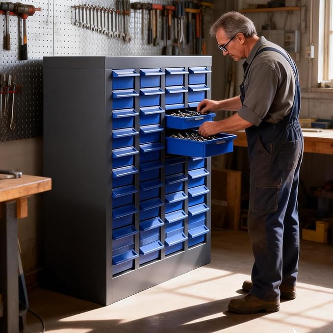 40 Drawer Parts Cabinet, Blue Nut and Bolt Organizer, ABS Material Bolt Organizer Storage, Nuts and Bolts Organizers with Shelf and Label, Bolts Bins for Tool Hardware Storage