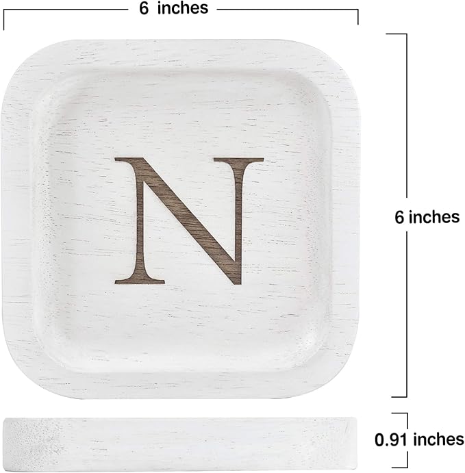 I'm Wooden Personalized Letter Catchall Valet Tray Trinket Dish Jewelry Tray Key Bowl Decorative Plate Organizing Ring Earrings Necklaces Bracelet Watch Coins Wallet Holder (6"x6" Sq White N)