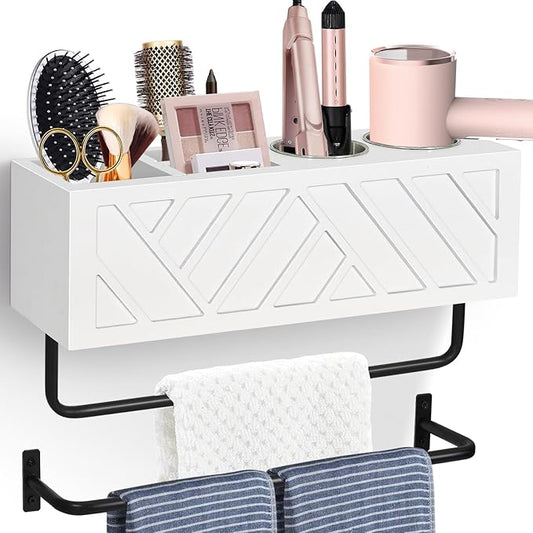 Hair Tool Organizer Wall Mount, Hair Dryer Holder with 2 Towel Bars, Wood Hot Tools Organizer, Rustic Bathroom Organizer Blow Dryer Holder for Bathroom Decor, Flat Iron, Curling Wand, Brushes(White)