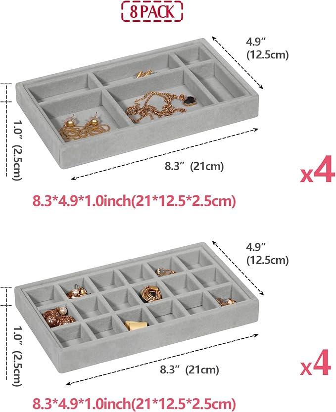 DIOMMELL 8 Pack Stackable Velvet Jewelry Trays Organizer, Jewelry Storage Box Display Trays Showcase Holder Closet Dresser Drawer Organizer for Earring Necklace Bracelet Ring Accessary