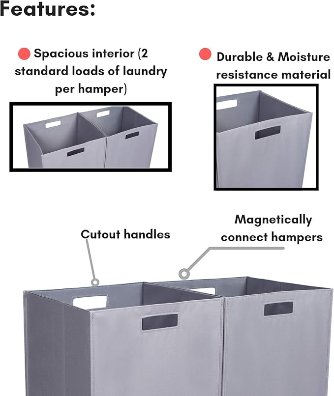 Internet's Best Collapsible Laundry Hamper | Set of 2 | Dirty Clothes Sorter with Handles | Magnetic Side | Easy Storage | Folding | Black