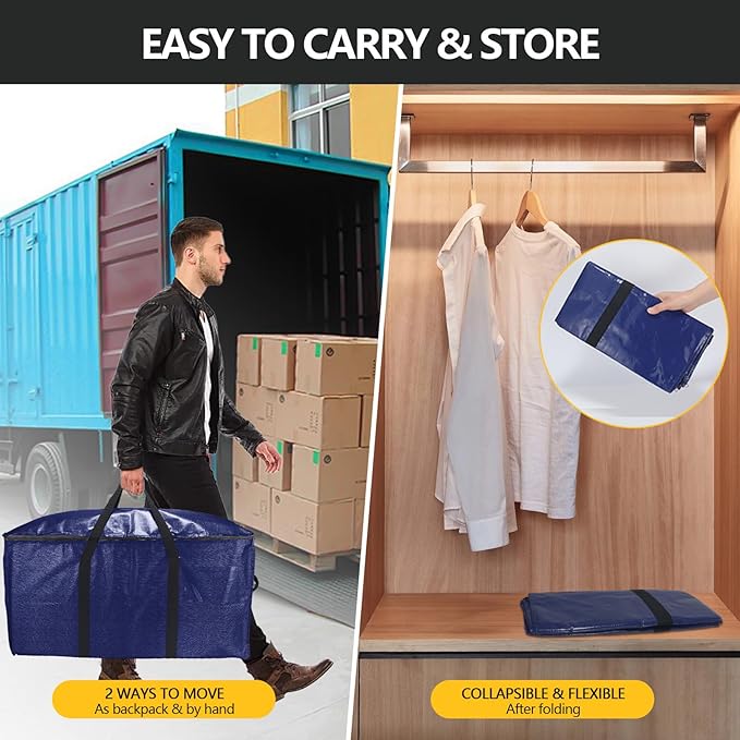 Heavy-Duty Extra Large Moving Bags with Zippers,Extra Large Storage Bag Set Heavy Duty Moving Totes Dual-Way Carrying Design,College Dorm,Christmas Storage Bag(Blue,6 Moving bag & 10 Vacuum Seal Bags)