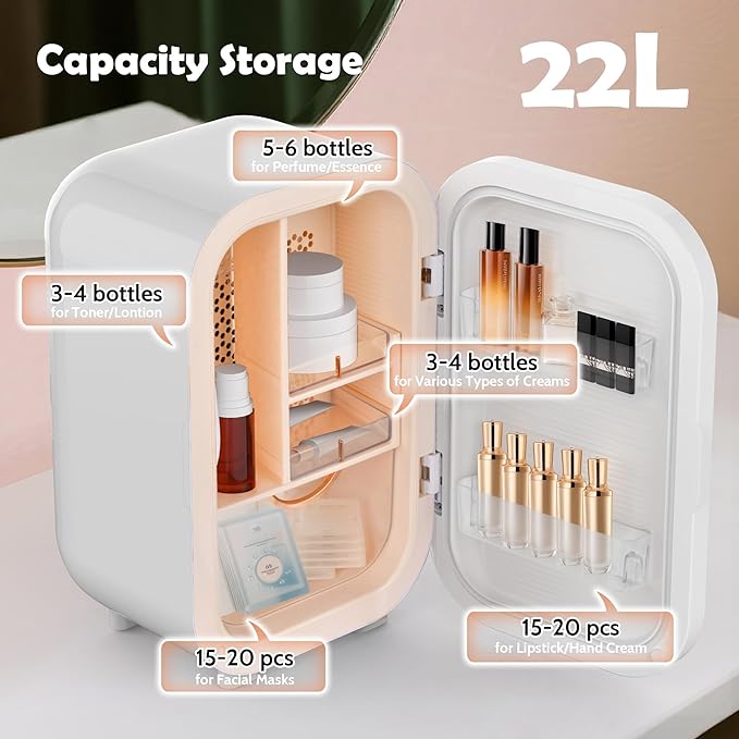 22L Mini Skincare Fridge, Beauty Fridge for Cosmetic Storage, 44°F Intelligent Temperature Control, Personal Small Makeup Refrigerator for Bedroom, Dorm (22L-Mirror, Classic White)