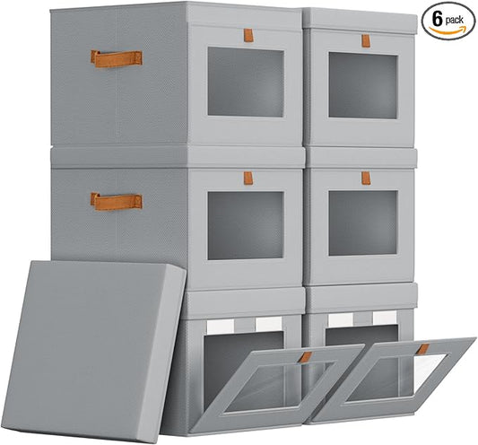 Storage Bins with Lid – Closet Organizer with Side Opening and Clear Window, Foldable Stackable Fabric Basket for Clothes, Home, Office - 13.77" x 11.8" x 9.8", 6 Pack, Grey
