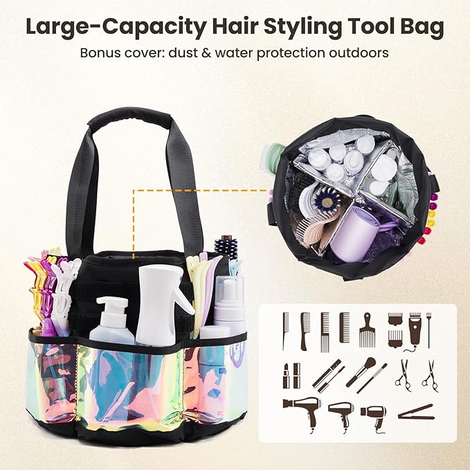 Hairstylist Travel Bag, with Dust Cover, 11L Large Capacity, Heat-Resistant Interior, Iridescent Pockets, DIY Velcro Straps, Top Drawstring, Bathroom Cleaning/Pet Grooming Supplies Organizer
