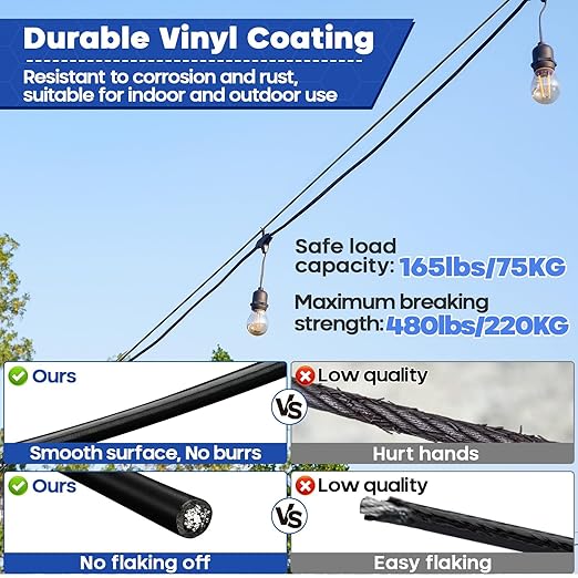 TooTaci 1/8 Black Vinyl Coated Stainless Steel Cable, 100ft Wire Rope with 50pcs Crimping Sleeves and 20pcs Thimbles, 7x7 Strand Core Metal Cable for String Light, Shade Sail, Clothesline, Curtain
