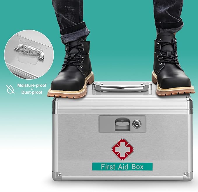 Medicine Storage Box with Key - 15 x 8.7 x 9.4 Inches -Empty Lock First Aid Box for Drugs & Pill, Medical Organizer Container For Home/Outdoor (Silver/X-Large)