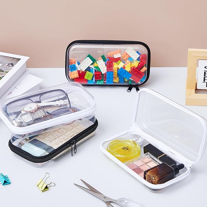 Hoolerry 4 Pcs Hard Clear Zipper Case Makeup Bags Plastic Pencil Pouch Transparent Storage Box Containers for Cosmetics, Snacks, Building Blocks, Puzzles(Black and White,7.5 x 3.9 x 2 in)