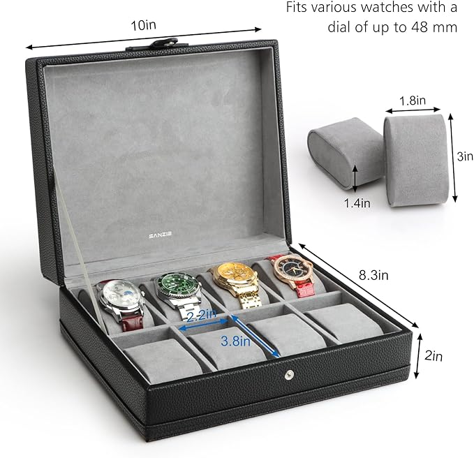 SANZIE 8-Slot Watch Box for Mens Watch Case with Removable Watch Pillows, Watch Holder Organizer Watch Storage with Grey Lining & Black Synthetic Leather (Black)