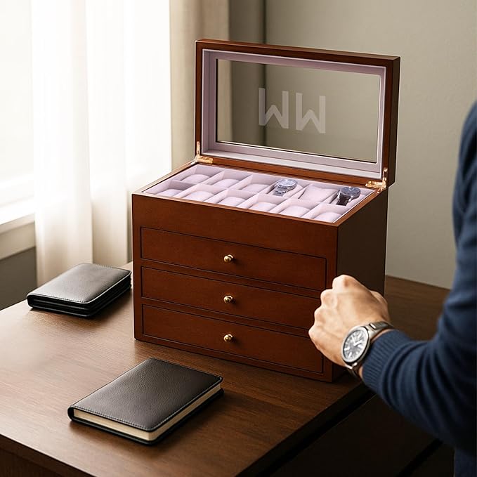 Bey-Berk Personalized Cherry Wood 48-Slot Watch Box (Brown), Custom Glass-Top Solid Wood Watch Organizer with Drawers & Velour-Lined Cushions