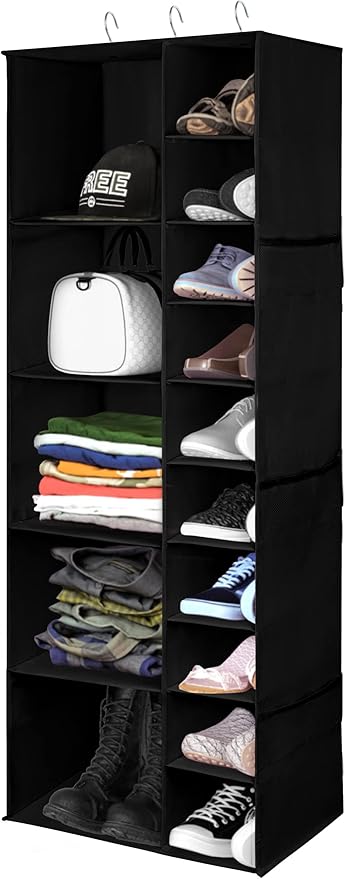 coastal rose Hanging Shoe Closet Storage Organizer, 15 Sections Closet Organizers and Storage Shelves Shoe Rack Holder Hanger, Black
