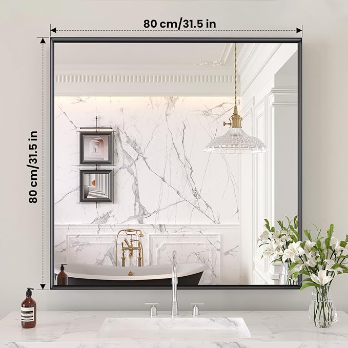 LOAAO Black Bathroom Mirror 32"X32" for Wall, Rectangle Bathroom Vanity Mirror, Tempered Glass, Hangs Vertically or Horizontally, Easy to Install, Modern Design
