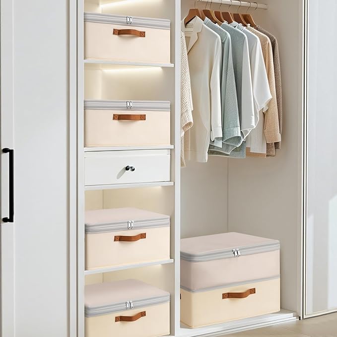 Large Closet Storage Bins - Compression Organizer Bins, Stackable Closet Organizer, Expandable Under Bed Storage Containers for Clothes, Towels, Sheet, 4 Pack, Beige