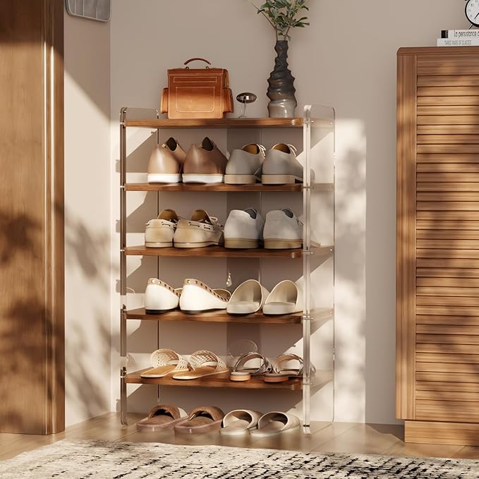 Free Standing Shoe Rack, Closet Shoe Storage Shelves for Entryway Small Space, Garage & Living Room, Wooden Shoe Stand, 5-Tier Modern Shoe Organizer, Solid Wood & Acrylic Frame with Top Shelf