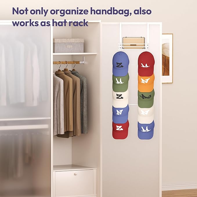 SWTYMIKI Over The Door Purse Organizer - Wall Mounted Handbag Organizer with 10 Hooks and Metal Basket, Hanging Purse Storage Rack Holds up to 10 Bags, Bag Rack Can Use As 1/2 Part, for Door, Closet