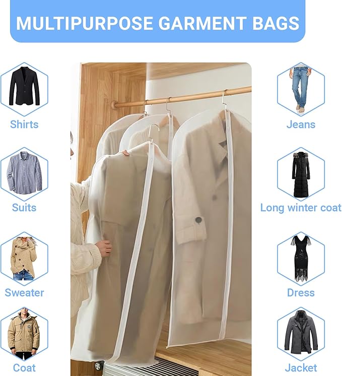 Garment Bags Covers (24''X60'' Set of 12) Long Dress Bags for Hanging Clothes (Pack of 6) with Study Full Zipper Coat Covers for Closet Clothes Storage and Travel