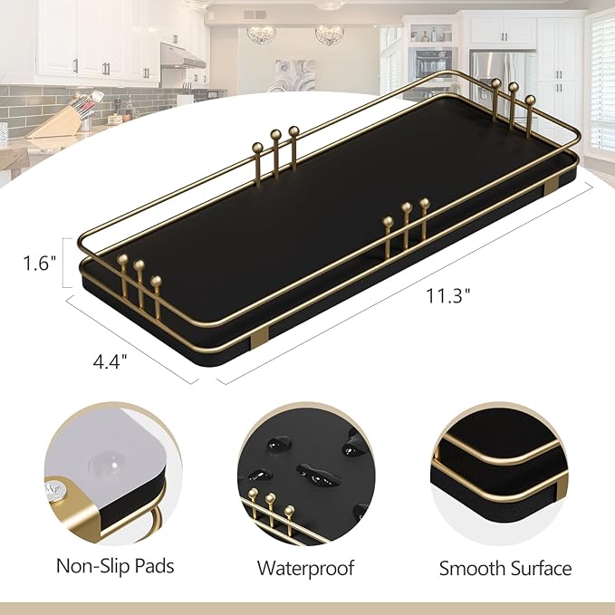 Bathroom Vanity Tray for Countertop Toiletries Perfume Makeup Soap Dispenser Toilet Tank, Kitchen Tray for Salt Spice, Decor Tray for Candle Nightstand Coffee 11.3”x 4.4” Black-Gold