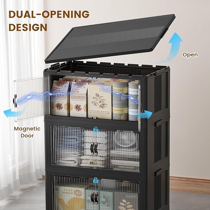 SAILUN 65Gal/260Qt Stackable Storage Bins Folding Collapsible Storage Bins with Lid, Closet Organizers and Storage Box with Door Black 22" W x 13" D x 50" H