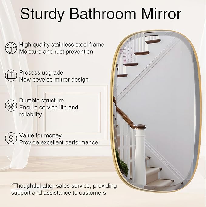 POZINO Gold Bathroom Mirror, 24"x32" Brass Rounded Rectangle Mirrors, Brushed Beveled Mirrors for Over Sink, Modern Vanity Wall Mirror in Premium Stainless Steel Frame Hangs Horizontal Or Vertical