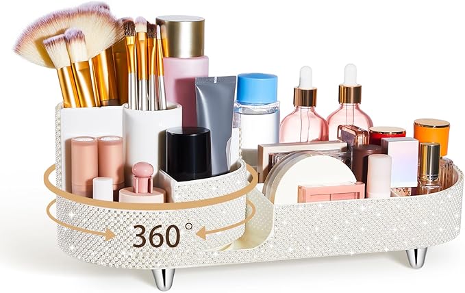 Teen Girls Women Gift 360 Rotating Bling Makeup Organizer Large Rhinestone Diamond Bathroom Organizer Girly Skin Care Brush Holder for Countertop,Bathroom Essentials(White,Pearl)