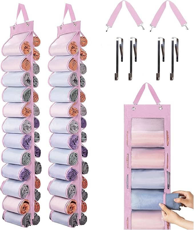 Legging Organizer Storage, 2PCS T Shirt Organizer, Foldable Hanging Closet Organizer Storage with 26 Roll Independent Compartments for Yoga Pants, Tank Top, Towel, Underwear (Pink)