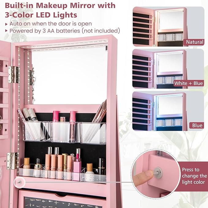 Mirror Jewelry Cabinet Standing with Full Length Mirror, 360° Swivel Jewelry Armoire with 3-Color LED Lights & Foldable Makeup Shelf, Lockable Organizer for Women, Space-Saving (Pink)