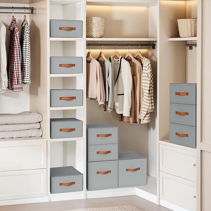 DIMJ Closet Organizers and Storage- Fabric Stackable Storage Drawers Shelf Organizer for Clothes, Underwear, Sweaters, Collapsible Storage Bins for Wardrobe, Bedroom, Shelves