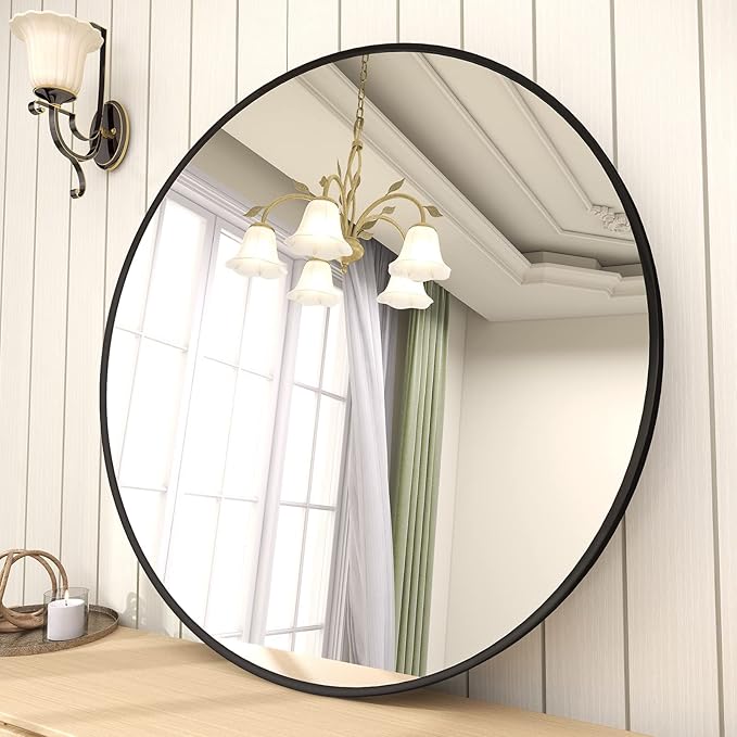 BEAUTYPEAK 28 Inch Round Mirror, Metal Frame Circle Mirror, Wall Mounted for Entryway, Bathroom, Vanity, Living Room, Black