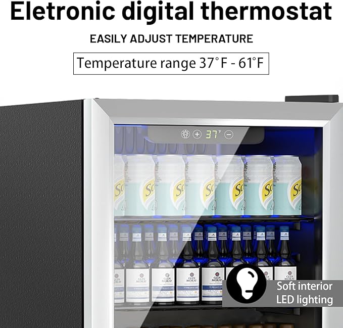 1.7 Cu.ft Beverage Refrigerator Cooler, 72 Cans Mini Fridge with Glass Reversible Door, Digital Temperature Display for Soda, Beer or Wine For Office or Bar with Removable Shelves