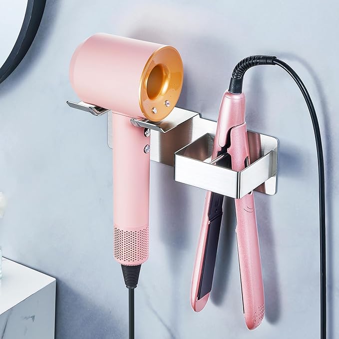 Hair Dryer Holder, Hair Straightener Holder Wall Mount, Hair Tool Organizer, Hairdryer and Straightener Holders, Adhesive Hair Tool Storage for Blow Dryer, Curling Iron, Flat Iron Stand (Silver)