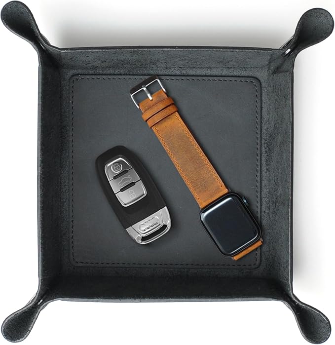 Handmade Leather Catch All Tray and Organizer for Keys, Phones, Jewels, Coins, Square - Small, Deep Black