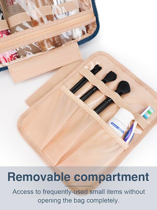 Women's Hanging Toiletry Bag, Waterproof Travel Cosmetic Organizer with Jewelry Storage, Large Capacity Makeup Case for Full-Size Skincare & Bathroom Essentials, Portable Cosmetic kit, Navy