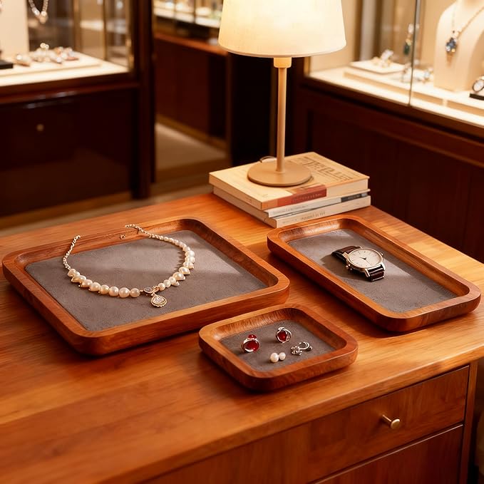 Wooden Jewelry Display Tray Rounded Rectangle Ring Showcase Stackable Elegant Bracelet Watch Jewelry Organizer for Personal Use and Commerce (Gray, Medium-W 3.9'' x H 0.6'' x L 7'')
