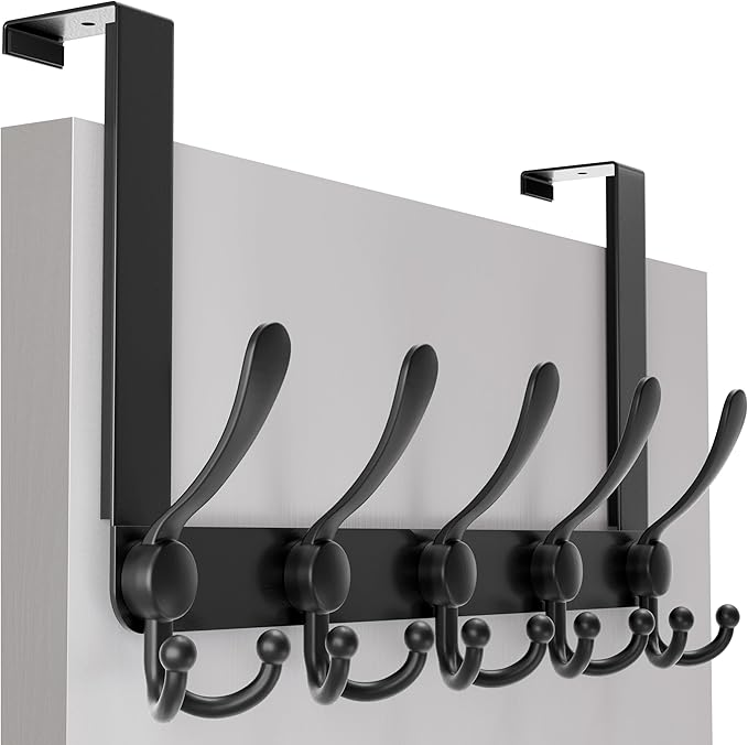 SKOLOO Over The Door Hook - for Doors up to 1-3/4'' Thickness, Metal Door Hanger with 5 Triple Hooks, Black Over The Door Hanger for Coats, Hats, Towels, Assembly Required