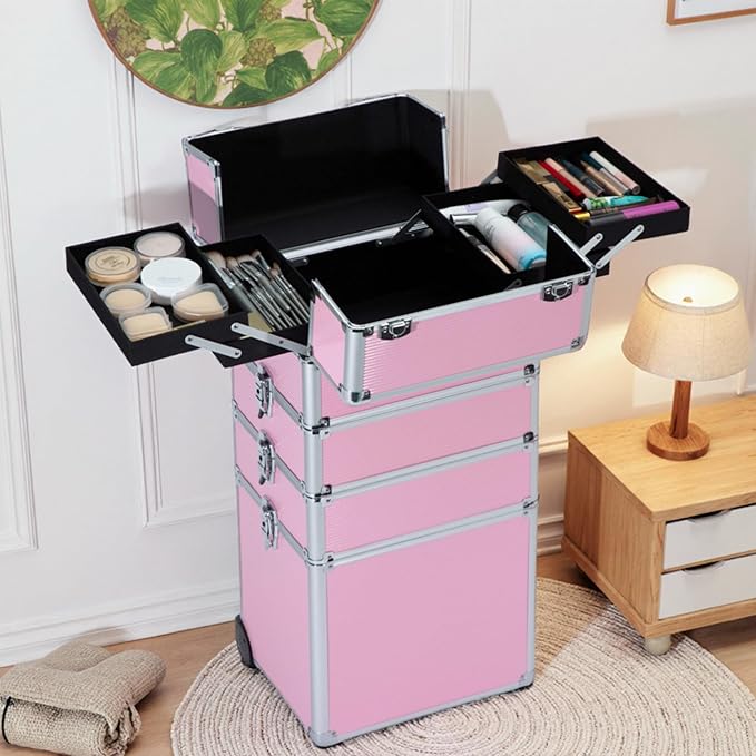 Makeup Rolling Train Case - Professional Cosmetics Organizer with Aluminum Frame, Folding Trays & Wheels, Portable for Travel & Studio (Pink)