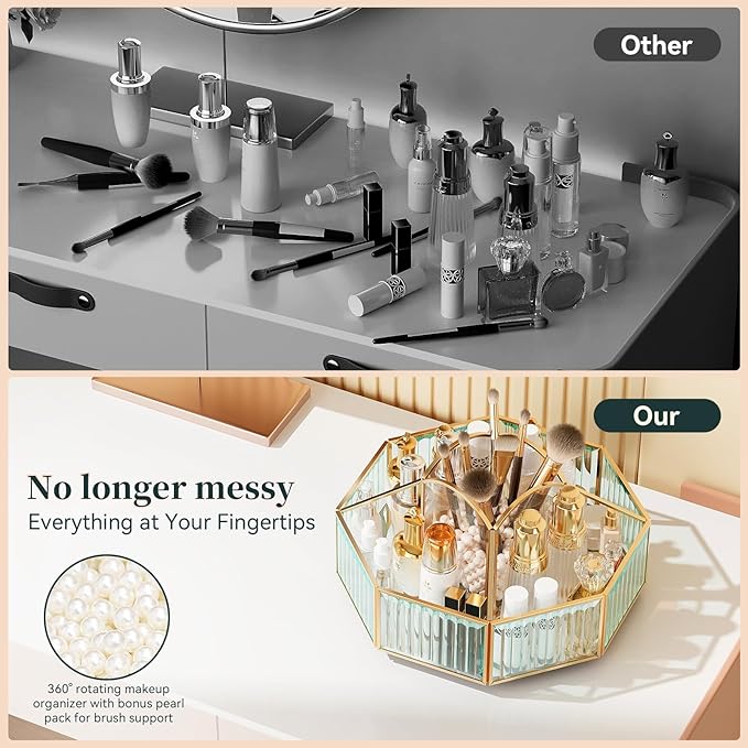 360° Rotating Makeup Organizer Spinning Vanity Organizer with Makeup Brush Holder for Countertop, Bathroom Storage, Skincare, Perfume & Cosmetic Organizer for Vanity
