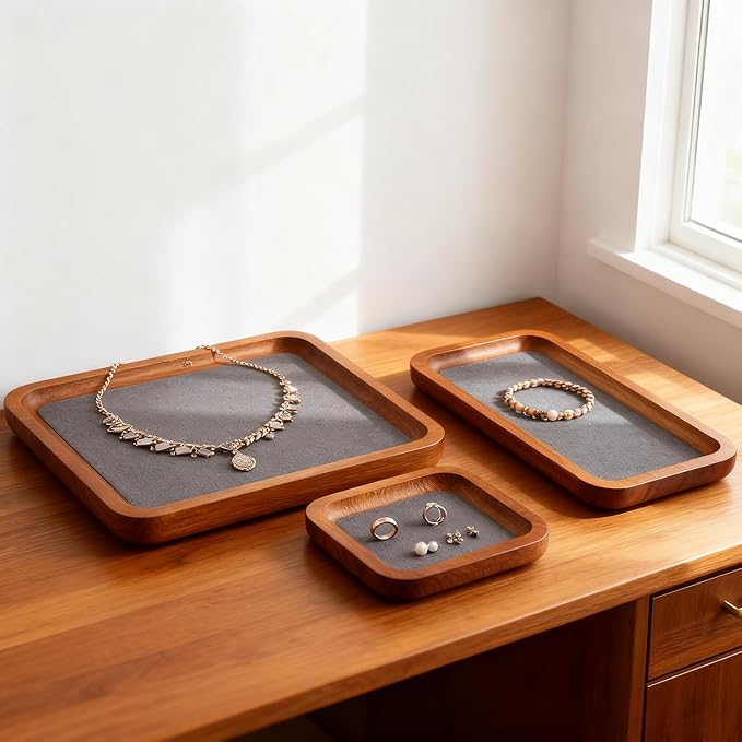 Wooden Jewelry Display Tray Rounded Rectangle Ring Showcase Stackable Elegant Bracelet Watch Jewelry Organizer for Personal Use and Commerce (Gray, Medium-W 3.9'' x H 0.6'' x L 7'')