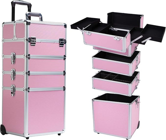 Makeup Rolling Train Case - Professional Cosmetics Organizer with Aluminum Frame, Folding Trays & Wheels, Portable for Travel & Studio (Pink)