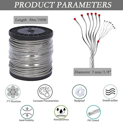 1/8 Wire Rope Kit,100ft Vinyl Coated Stainless Steel Cable with M5 Turnbuckles for Outdoor String Light Hanging Kit, Clothesline Cable, Curtain Hanging System