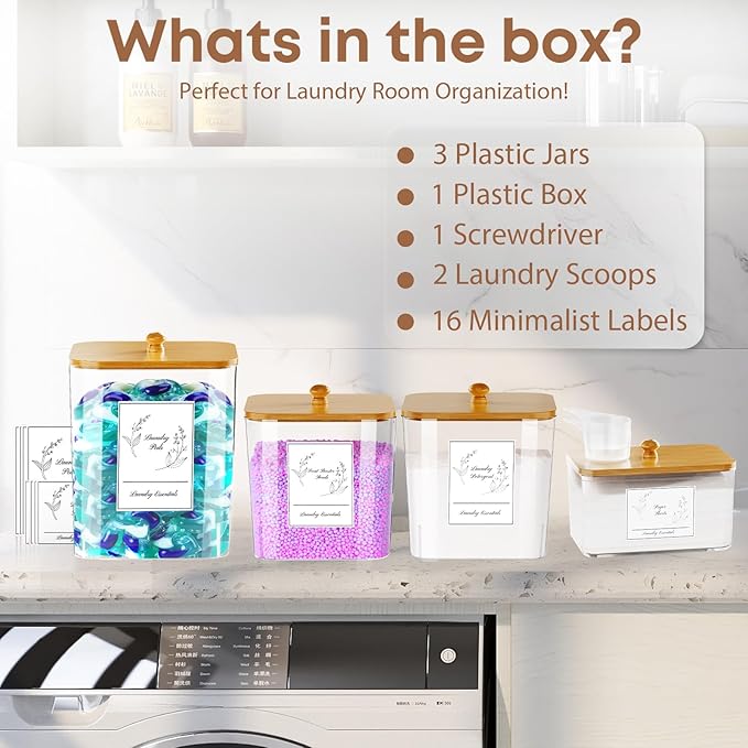 4 Pack Clear Laundry Pods Container & Dryer Sheet Holder, Plastic Square Laundry Room Organization and Storage Jars with Lids, Scoops & Labels for Detergent, Powder, Dryer Balls, Beads