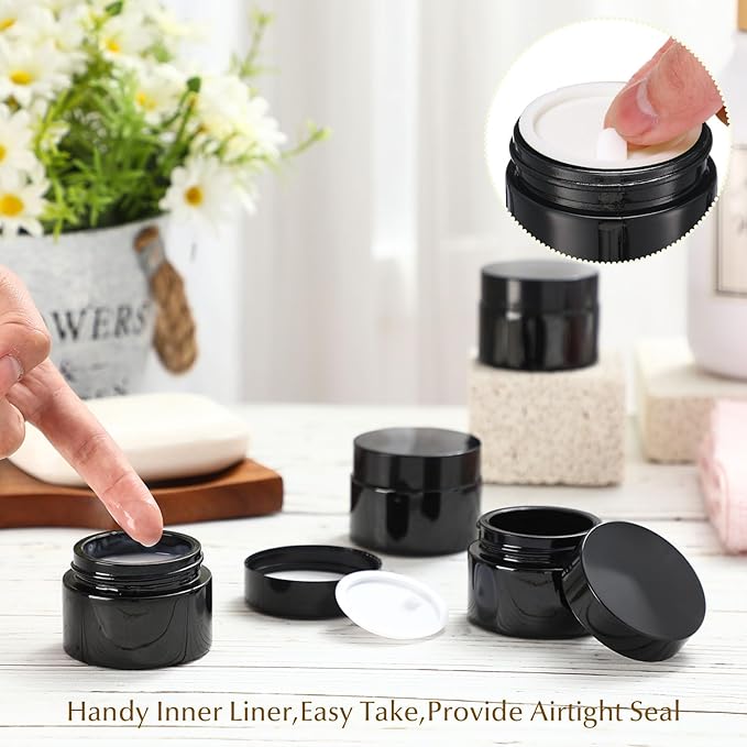 Domensi 60 Pcs 1oz Glass Jars with Lids Bulk Salve Tins Winter Cream Container Small Glass Candle Cosmetic Jars for Travel Lip Balm with Inner Liners for Lotion Sample Cream(Black,Black Lid)