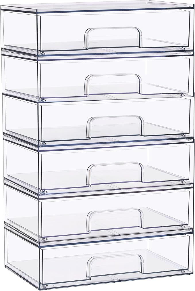 Sorbus Wide Stackable Acrylic Storage Drawers, 6 Pack Clear Plastic Organizer Bins for Baby Bottles, Makeup, Bathroom, Vanity & Countertop Organization, Pull-Out Drawer Design for Cabinets & Pantry