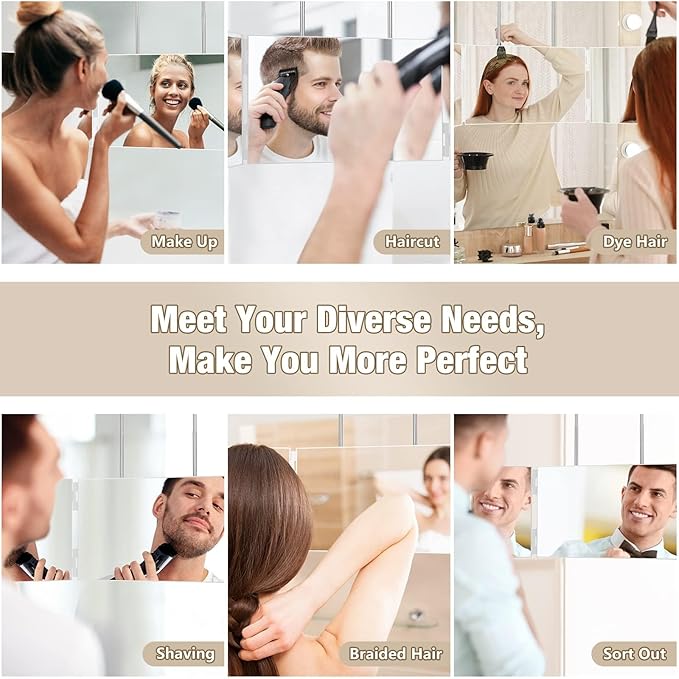 Dripex 3 Way Mirror for Men or Women, 360° Trifold Self Haircut Mirror with Height Adjustable Hooks, for Makeup, Styling, Shaving, Braiding, Dye Hair (White Without Led)