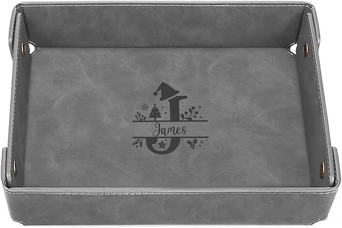 Engraved Christmas Gray Leather Valet Tray – Personalized Rectangle Catchall Organizer for Wallet, Keys, and Jewelry – Gift for Men, Dad, Couples – Dresser Top or Coffee Table Tray Decor
