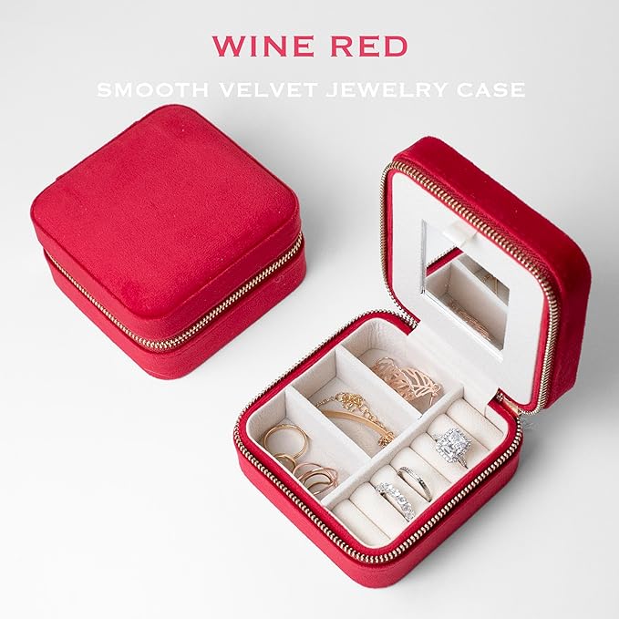 Customizable Compact Velvet Jewelry Box with Mirror, Travel Jewelry Case, Travel Jewelry Organizer, Jewelry Box for Women and Girls, Small Jewelry Organizer (Bottom Right Text, Wine Red)