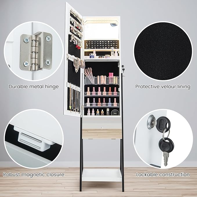 CHARMAID Jewelry Cabinet Armoire with Full Length Mirror, 3-Color Light Strips, Mirrored Tilt out Drawer, Lockable Standing Jewelry Organizer with Storage Shelves, Metal Stand (White)