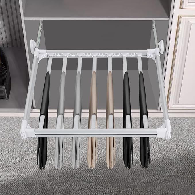 11 Arms Slide Out Pants Rack Closet Pants Hanger Bar Pull Out Trousers Rack Tie Belts Scarf Racks, Top Mounted Wardrobe Clothes Organizers Rail Pull Out Closet Storage Rod-Silver White