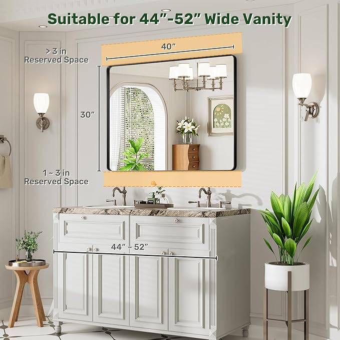 40X30 Black Bathroom Mirror for Over Sink, Metal Framed Vanity Mirror Wall Mounted, Rectangle Mirror for Bedroom Living Room Restroom Entryway, Anti-Rust, HD Tempered Glass